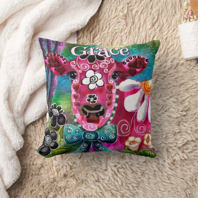 Whimsical Blommig Ko Rosa Teal Svart Personlig Kudde (Filt)