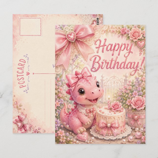 Whimsical Blommig Pärl Rosa Dinosaurie Födelsedag Vykort (Fram/baksida)