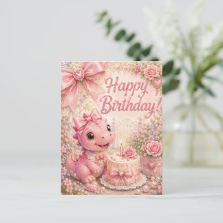 Whimsical Blommig Pärl Rosa Dinosaurie Födelsedag Vykort
