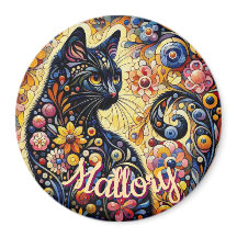 Whimsical Blommig Svart Katt Kisse Personlig