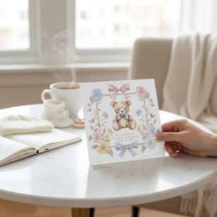 Whimsical Blommig Teddybjörn Bebis Shower QR-kod Inbjudningar