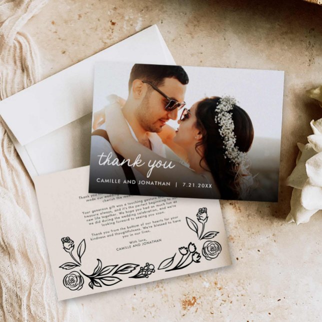 Whimsical Blommigt Bröllop Photo - tackkort Tack Kort (Hand Drawn Floral Photo Wedding thank you card)
