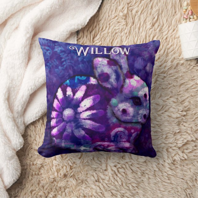 Whimsical Blommigt Bunny Rabbit Personlig Kudde (Filt)