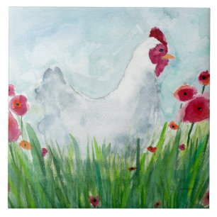 Whimsical Blommigt Chicken Kakelplatta