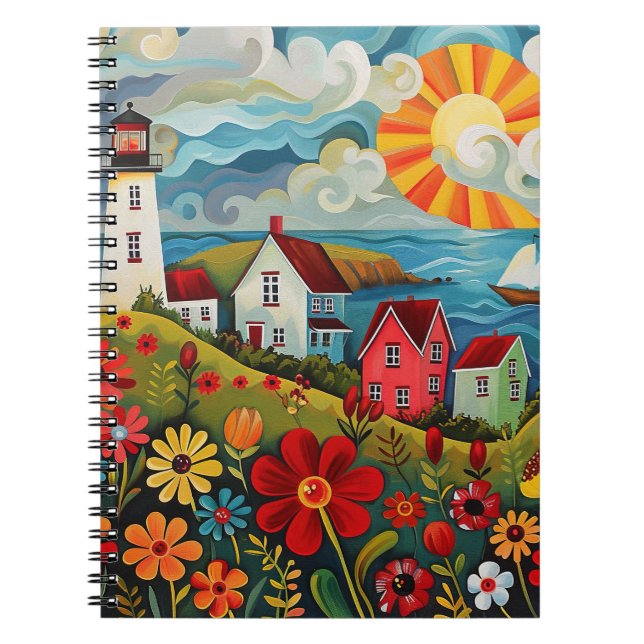 Whimsical Blommigt Light House Note Bok Anteckningsbok (Framsidan)