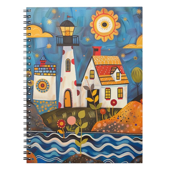 Whimsical Blommigt Light House Note Bok Anteckningsbok (Framsidan)