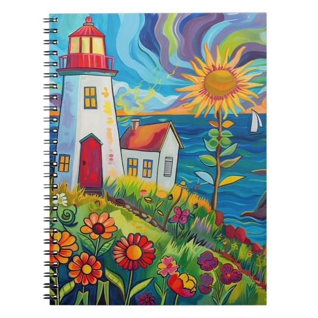Whimsical Blommigt Light House Note Bok Anteckningsbok (Framsidan)