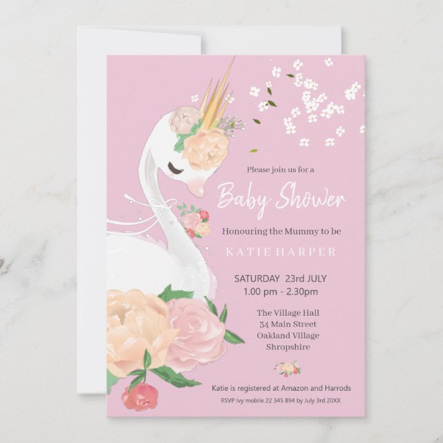 Whimsical Blommigt Svan Baby Shower  Inbjudningar (Framsida)