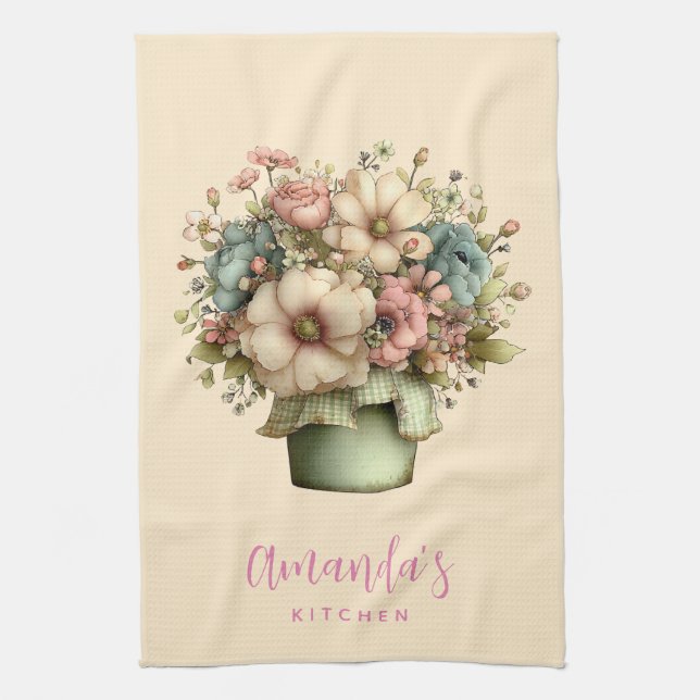 Whimsical blommor i en kruka Söt Kökshandduk (Vertikal)