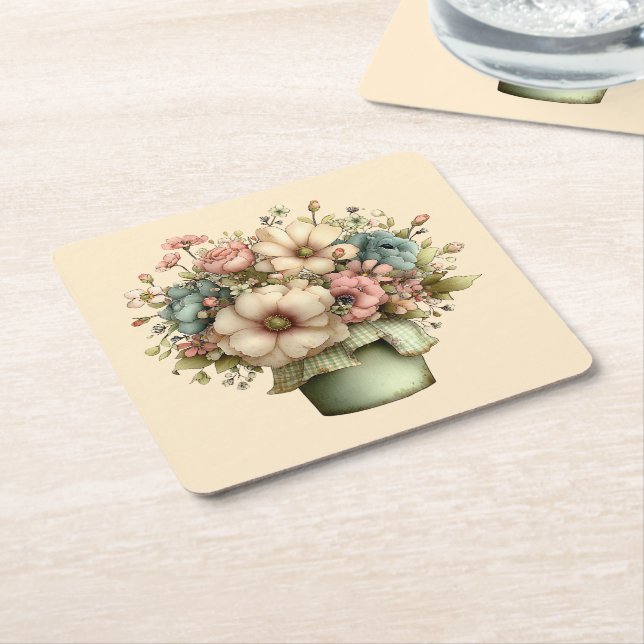Whimsical Blommor i en Kruka Söt Underlägg Papper Kvadrat (Vinklad)