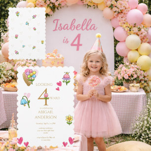 Whimsical blomster 4-års födelsedagsfest inbjudningar