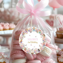 Whimsical blomster-fé-gård 2-årsdag  runt klistermärke