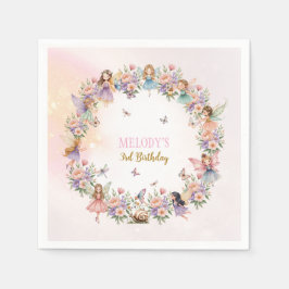 Whimsical blomster-fé-gård 3-års födelsedag  pappersservett