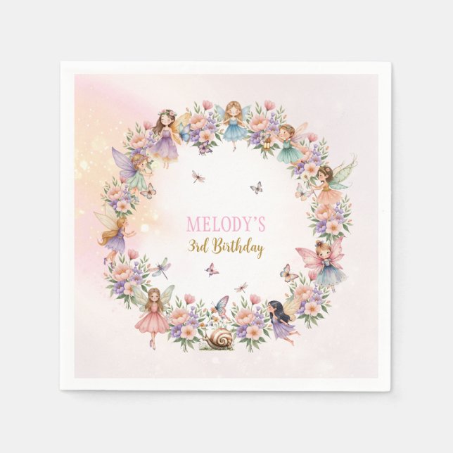 Whimsical blomster-fé-gård 3-års födelsedag  pappersservett (Framsidan)