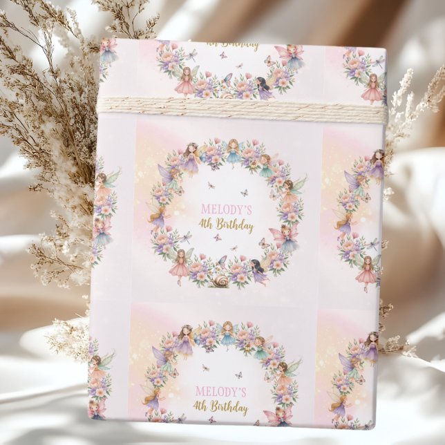 Whimsical blomster-fé-gård 4-årsdag  presentpapper (Skapare uppladdad)