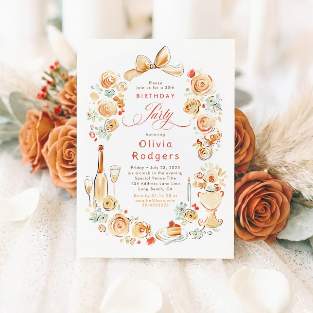Whimsical blomster handritad coquette höst födelse inbjudningar (Terracotta Whimsical Hand-illustrated Fall Birthday Invitations)
