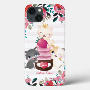 Whimsical blomster serieteckning katter jordgubb c