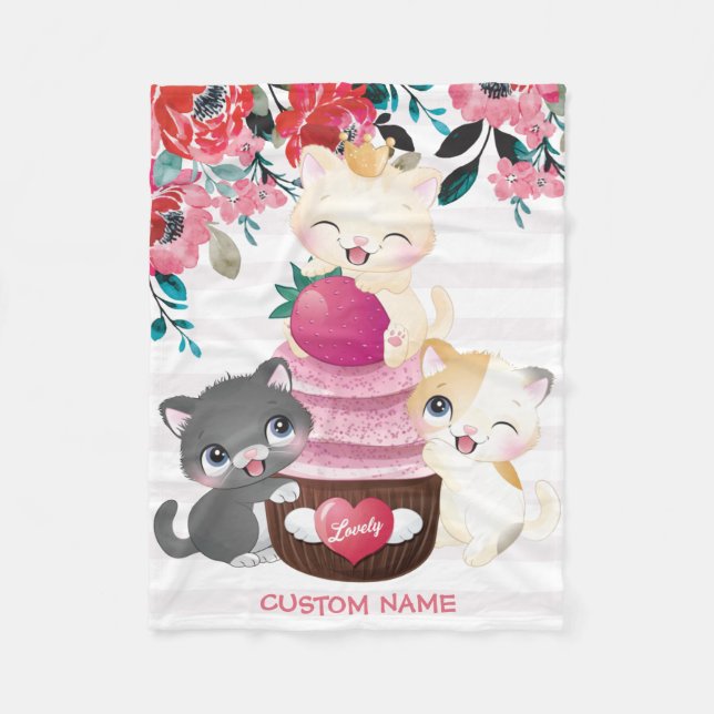 Whimsical blomster serieteckning katter jordgubb c fleecefilt (Framsidan)