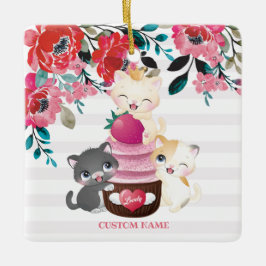Whimsical blomster serieteckning katter jordgubb c julgransprydnad keramik