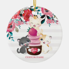 Whimsical blomster serieteckning katter jordgubbsk julgransprydnad keramik
