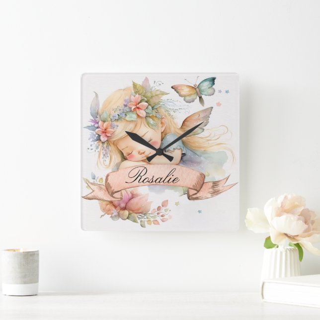 Whimsical blomsterdrömmar sovande fe-girl fyrkantig klocka (Hem)