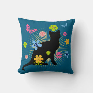 Whimsical blomstergul svart katt kastkudde kudde
