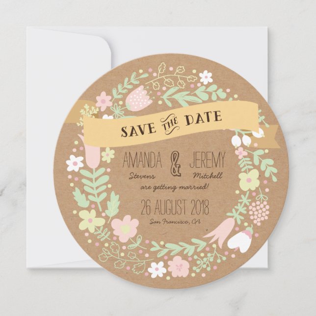 Whimsical blomsterkrans Save the Date Foto Spara Datumet (Framsida)