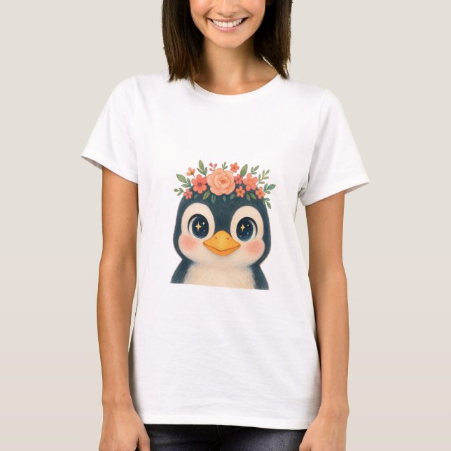 Whimsical Bloom Penguin T Shirt (Framsida)