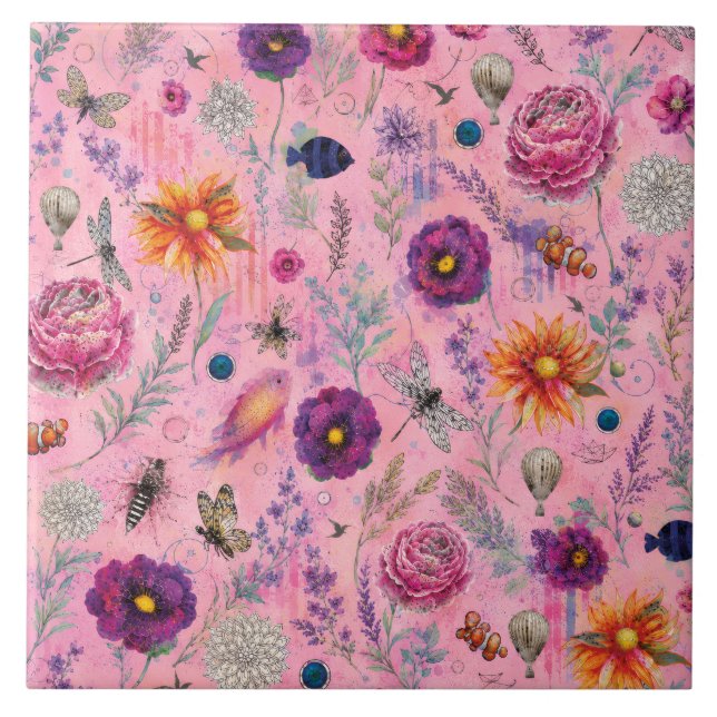 Whimsical Bloom Trädgård Kakelplatta (Framsidan)