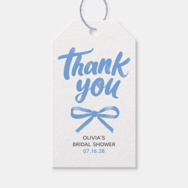 Whimsical Blue Bow Handwritten Bridal Thank You Presentetikett (Framsidan)