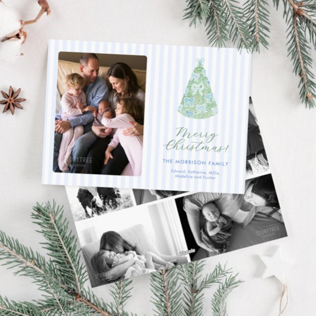 Whimsical Blue Bows On Christmas Tree Photo Julkort (Contemporary blue and green bows preppy family photos holiday card with striped background)