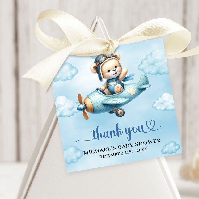 Whimsical Blue Brown Teddy Bear Aviator Boy Shower Gåvor Etiketter (Whimsical Blue Brown Teddy Bear Aviator Boy Shower Party Favor Tag

)