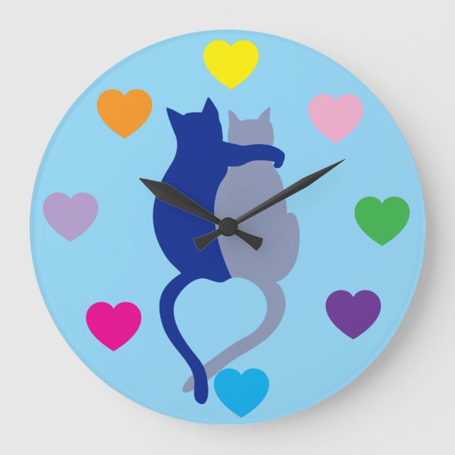 Whimsical Blue Cat Clock with Rainbow Hearts Stor Klocka (Framsida)