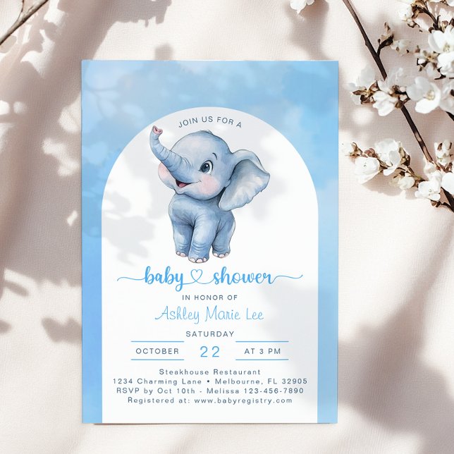 Whimsical Blue Elephant Baby Shower-inbjudan - W Inbjudningar (Blue Watercolor Baby Shower Invite)