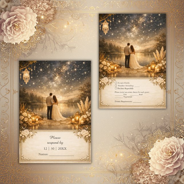 Whimsical Blue Gold Starry Night outdoor wedding OSA Kort (Skapare uppladdad)