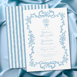 Whimsical Blue Hand Drawn Floral Stripe Wedding Inbjudningar