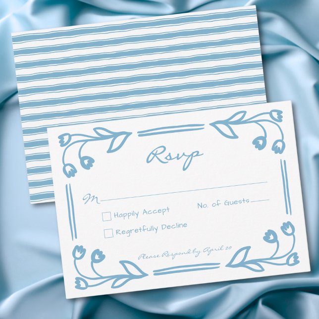 Whimsical Blue Hand Drawn Floral Stripe Wedding OSA Kort (Whimsical Blue Hand Drawn Floral Stripe Wedding RSVP Card)