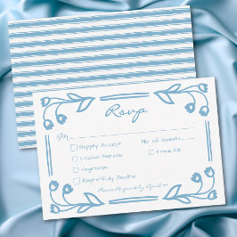 Whimsical Blue Hand Drawn Floral Stripe Wedding OSA Kort