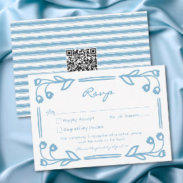 Whimsical Blue Hand Drawn Floral Stripe Wedding QR OSA Kort