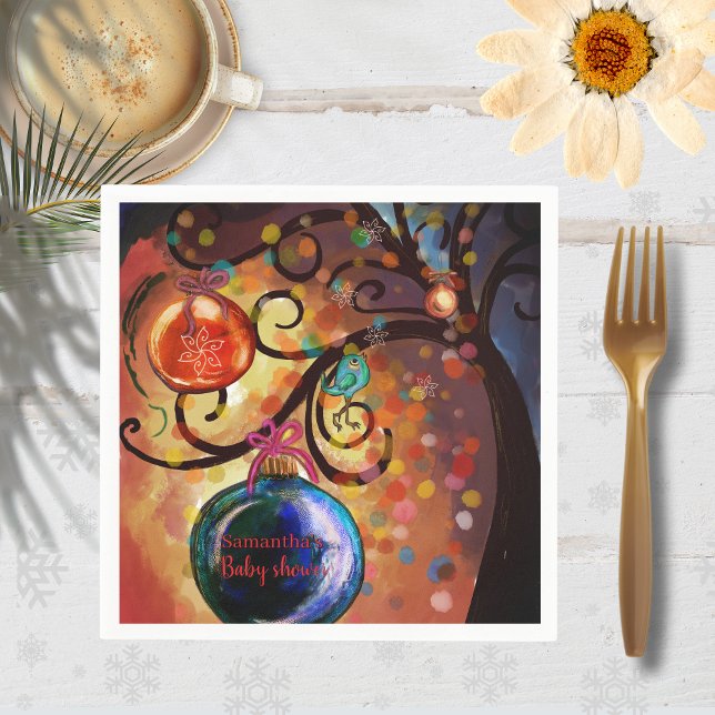 Whimsical Blue Orange Christmas Tree Paper Napkin Pappersservett (Skapare uppladdad)