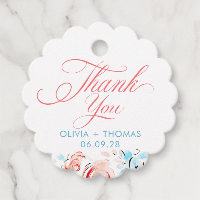 Whimsical Blue Pink Flowers Wedding Thank You Gåvor Etiketter (Framsida)