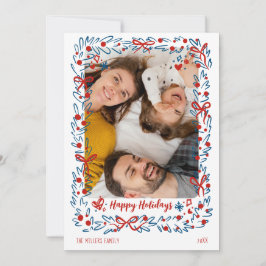 Whimsical blue red Christmas Photo Card wreath Julkort