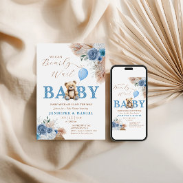 Whimsical Blue Teddy Bear Boho Baby Shower Inbjudningar