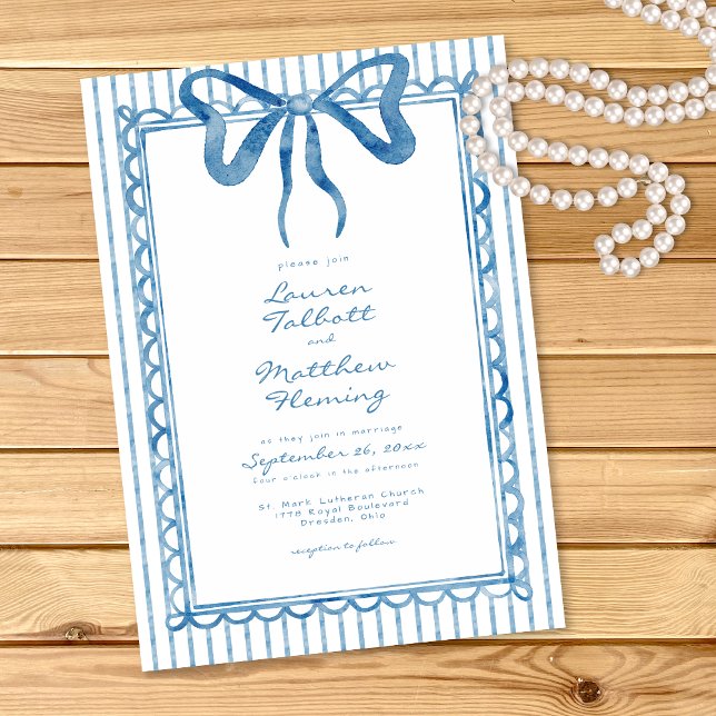 Whimsical Blue Watercolor Bow Stripe Wedding Inbjudningar (Skapare uppladdad)