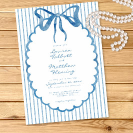 Whimsical Blue Watercolor Bow Stripe Wedding Inbjudningar