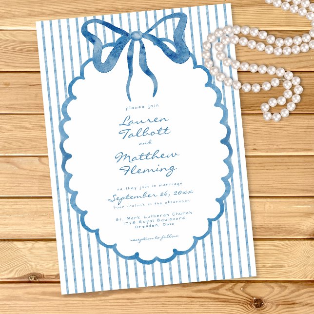 Whimsical Blue Watercolor Bow Stripe Wedding Inbjudningar (Skapare uppladdad)