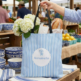 Whimsical Blue White Stripe Preppy Monogram Tygkasse