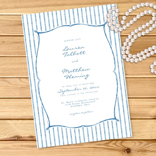 Whimsical Blue White Watercolor Stripe Wedding Inbjudningar (Whimsical Blue White Watercolor Stripe Wedding Invitation)