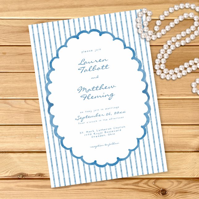 Whimsical Blue White Watercolor Stripe Wedding Inbjudningar (Whimsical Blue White Watercolor Stripe Wedding Invitation)