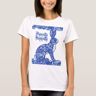 Whimsical Blue Willow Bunny Rabbit Vår T Shirt